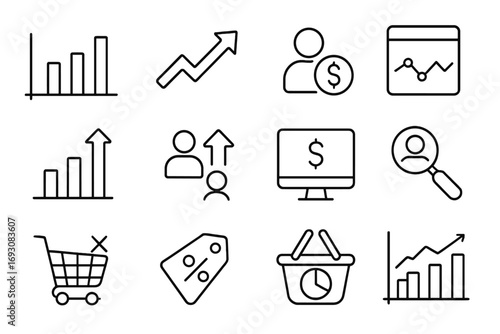 Shopping Analytics Icons. Line style icons of shopping analytics: bar chart, trend arrow, average spend icon, product stats; sales