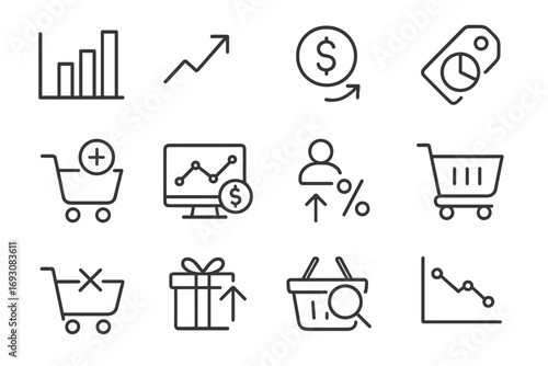 Shopping Analytics Icons. Line style icons of shopping analytics: bar chart, trend arrow, average spend icon, product stats; sales