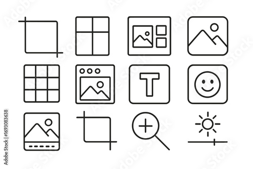 Line Style Visual Tools. Line style icons of visual content tools: frame icon, collage builder, template tool, image editor; photo