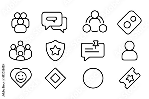 Digital Community Icons. Line style icons of digital communities: community group, forum icon, group thread, topic tag; discussion