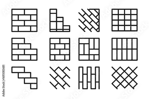 Bond Pattern Icons. Line style icons of horizontal and vertical bonds: horizontal brick course, vertical brick stack, rotated bond