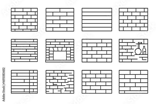 Brick Wall Icons. Line style icons of indoor brick styles: exposed wall, painted white brick, smooth indoor bond, decorative