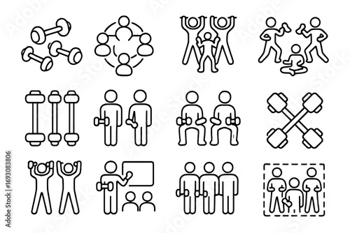 Dumbbell Group Training Icons. Line style icons of dumbbells in group training: dumbbell group circuit, dumbbell bootcamp,