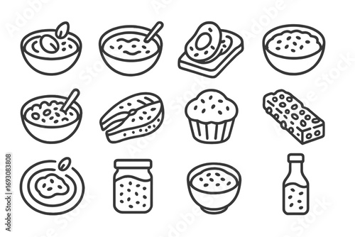Seed-Based Meal Icons. Line style icons of seed-based meal additions: seed on smoothie bowl, seed on soup, seed on avocado toast,