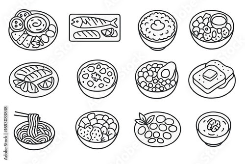 Global Cuisine Icons. Line style icons of fat-rich traditional dishes: Mediterranean platter, Japanese grilled mackerel, Indian