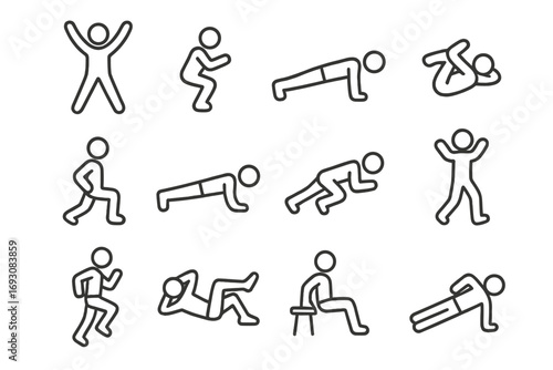 Exercise Line Icons. Line style icons of exercise movements: jumping jacks, squats, push-ups, sit-ups; lunges, plank, mountain