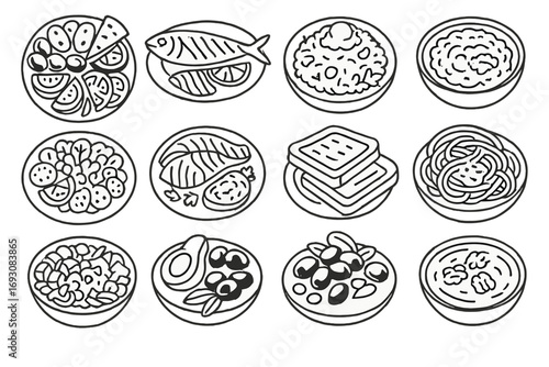 Global Cuisine Icons. Line style icons of fat-rich traditional dishes: Mediterranean platter, Japanese grilled mackerel, Indian