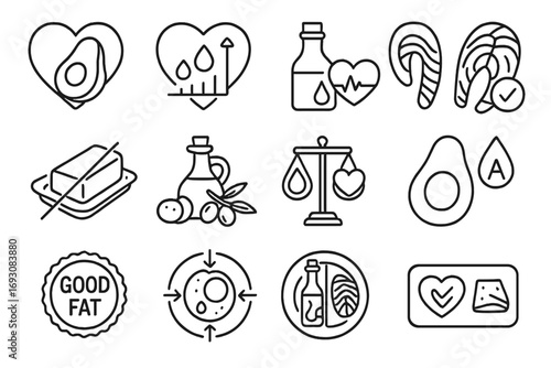 Cholesterol-Friendly Fat Icons. Line style icons of cholesterol-friendly fats: heart icon with avocado, healthy fats chart, oil