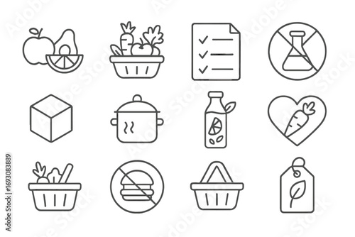 Clean Eating Icons. Line style icons of clean eating: whole foods, fruits and vegetables basket, ingredient list, no additives