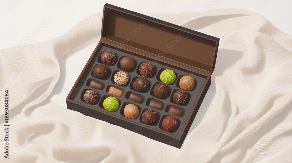 Luxurious chocolate assortment in a dark brown box, elegantly displayed on cream silk, perfect treat Luxurious chocolate assortment in a dark brown box, elegantly displayed on cream silk, perfect treat