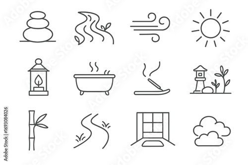 Peaceful Energy Icons. Line style icons of peaceful energy: zen stone stack, flowing river, calm wind, sunlight; flame in lantern,