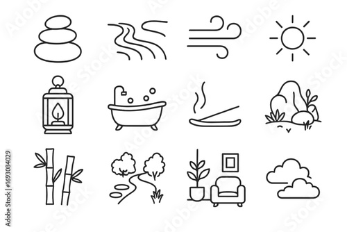 Peaceful Energy Icons. Line style icons of peaceful energy: zen stone stack, flowing river, calm wind, sunlight; flame in lantern,