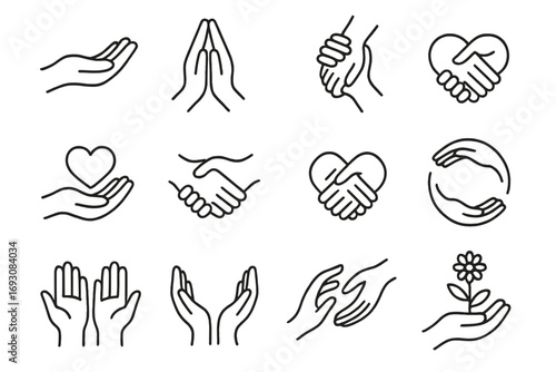 Supportive Hand Icons. Line style icons of support hands: open palm, two hands together, hand lifting another, helping hand; hand