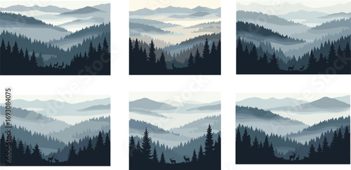 Foggy mountain landscape illustration set with pine trees, misty forest, layered hills, wildlife silhouettes, scenic natural background design