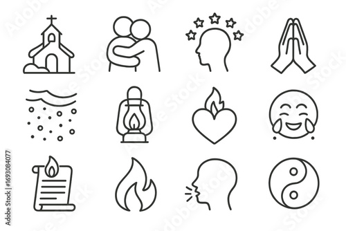 Winter Blessings Icons. Line style icons of winter blessings: snow-covered chapel, warm embrace, star halo, prayer hands; gentle