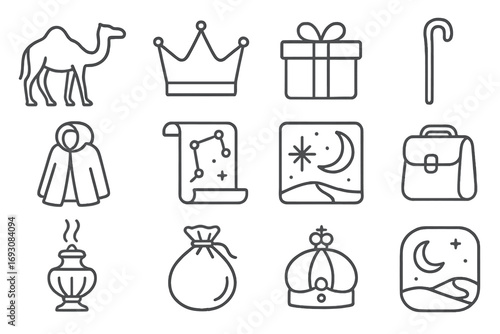 Wise Men Icons. Line style icons of wise men journey: camel, crown, gift box, walking staff; cloak, star map, night sky, travel