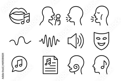 Vocal Music Icons. Line style icons of vocal music: mouth with note, singer mic, solo voice, harmonizing face; breath line, vocal