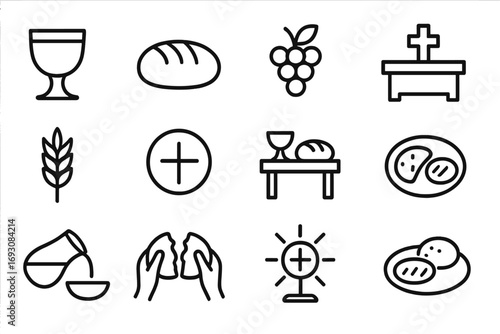 Holy Nourishment Icons. Line style icons of holy nourishment: cup of blessing, bread of life, grape of joy, altar of peace; wheat