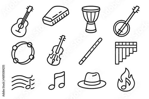 Folk Music Icons. Line style icons of folk and acoustic sounds: acoustic guitar, harmonica, hand drum, banjo; tambourine, violin,