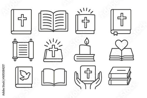 Christian Scripture Icons. Line style icons of Christian scripture: closed bible, open bible, cross on bible, bible with bookmark;