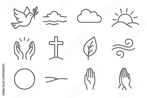 Christian Peace Icons. Line style icons of Christian peace: dove with olive branch, calm river, soft cloud, sun over hill; hands