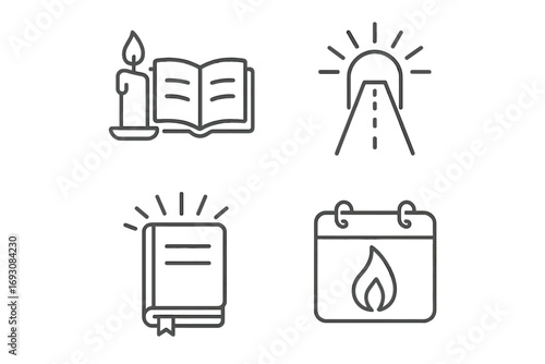 Guided Devotion Icons. Line style icons of guided devotion: candle with book, checklist of prayer steps, journal with rays,