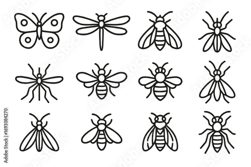 Line Style Insect Icons. Line style icons of flying insects: butterfly, dragonfly, moth, wasp; mosquito, hoverfly, bee, gnat;