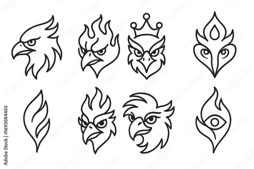 Mythical Bird Icons. Line style icons of mythical bird faces: phoenix head, stylized firebird, bird with crown, glowing eye line; Mythical Bird Icons. Line style icons of mythical bird faces: phoenix head, stylized firebird, bird with crown, glowing eye line;