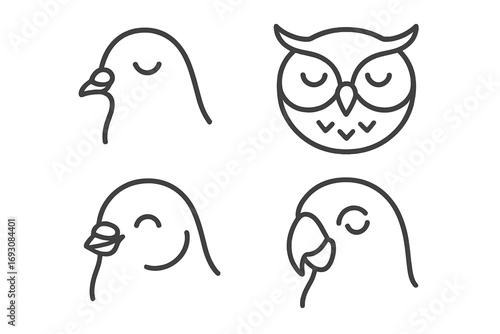 Peaceful Bird Faces Icons. Line style icons of peaceful bird faces: dove face, serene owl, quiet finch, gentle parrot; calm eye,