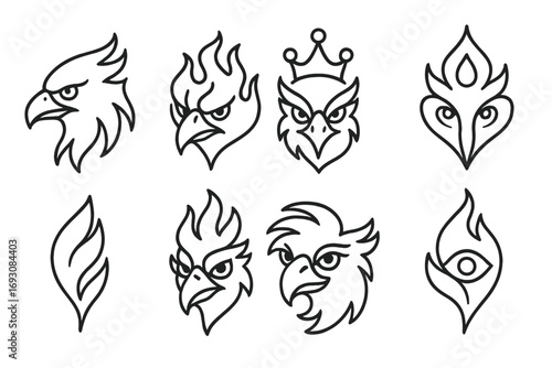 Mythical Bird Icons. Line style icons of mythical bird faces: phoenix head, stylized firebird, bird with crown, glowing eye line;