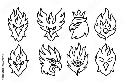 Mythical Bird Icons. Line style icons of mythical bird faces: phoenix head, stylized firebird, bird with crown, glowing eye line;