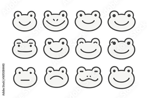 Frog Face Icons. Line style icons of frog face variations: simple dot eyes, wide V-mouth, upturned smile, frog with soft cheeks;
