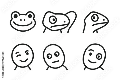 Tilted Reptile Icons. Line style icons of head tilt expressions: tilted frog face, sideways gecko head, curious chameleon,