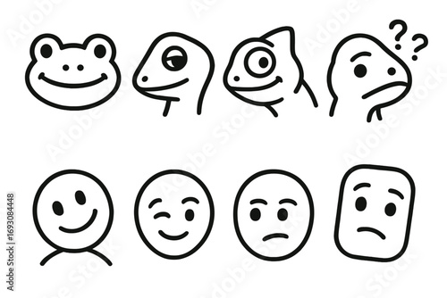 Tilted Reptile Icons. Line style icons of head tilt expressions: tilted frog face, sideways gecko head, curious chameleon,