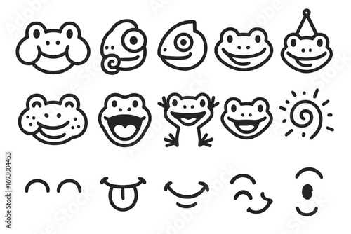 Playful Animal Faces. Line style icons of playful animal face designs: frog with balloon cheeks, chameleon with tongue twist,