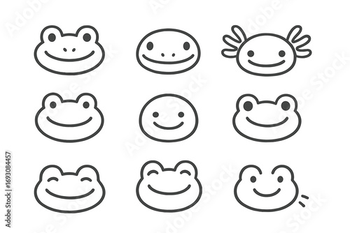 Smiling Amphibian Icons. Line style icons of smiling amphibians: frog grin, salamander smile, axolotl-inspired face, happy gecko;