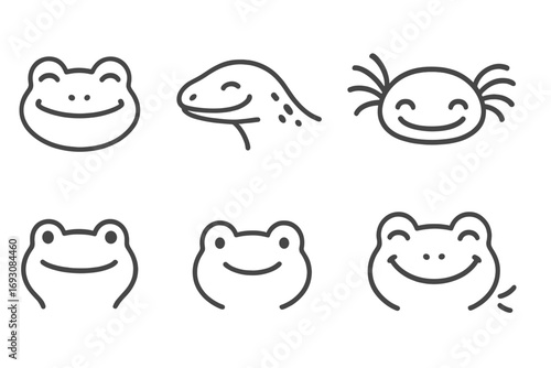 Smiling Amphibian Icons. Line style icons of smiling amphibians: frog grin, salamander smile, axolotl-inspired face, happy gecko;