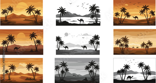 Desert landscape illustration set with camels, palm trees, sand dunes, sunset silhouettes, exotic oasis scenery, travel adventure design