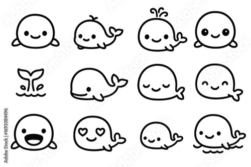 Cute Whale Icons. Line style icons of cute whale faces: smiling whale, baby whale, whale with water spout, round-eyed whale; whale