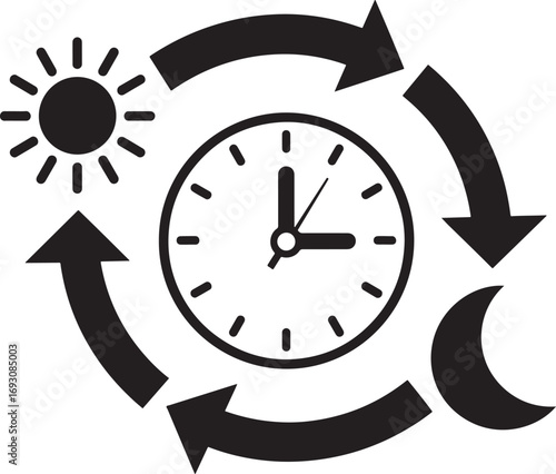 Day and night cycle concept illustration with sun moon clock and rotating arrows