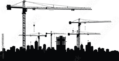 Silhouette of city construction site with multiple tower cranes, high-rise buildings, urban skyline development, architecture and industrial progress illustration