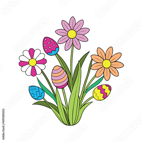 Vibrant spring flowers and colorful easter eggs on a clean white background