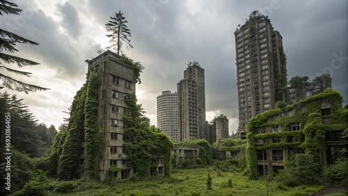Overgrown futuristic skyscrapers landscape nature reclaims abandoned cityscape