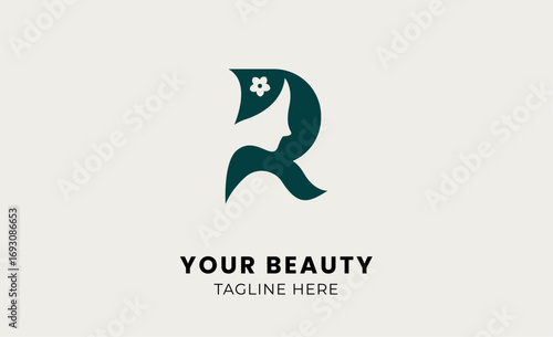 Minimal logo woman beauty with letter R. Feminine, modern and body treatment logo concept.