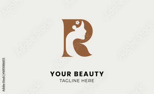 Minimalist logo woman beauty with letter R. Feminine, body treatment and modern concept.