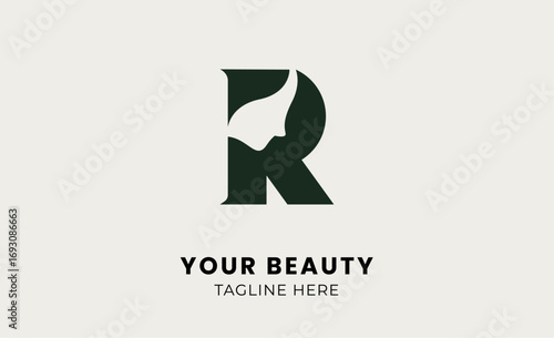 Minimalist logo woman beauty with letter R. Feminine, modern and body treatment logo concept.