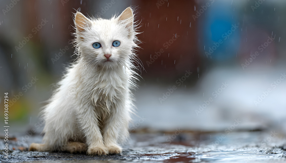 Obraz premium Sad, wet white angora kitten sits alone on city street during rainfall. This abandoned, hungry stray has bright blue eyes and dirty, matted fur. A symbol of neglected pets needing adoption and care