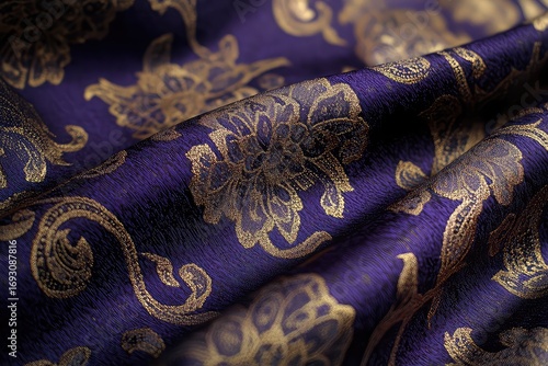 Rich brocade fabric in royal purple, showcasing intricate patterns for an opulent presentation