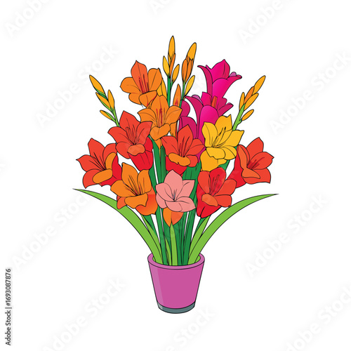 Vibrant gladiolus flower bouquet in a clear glass vase for advertising