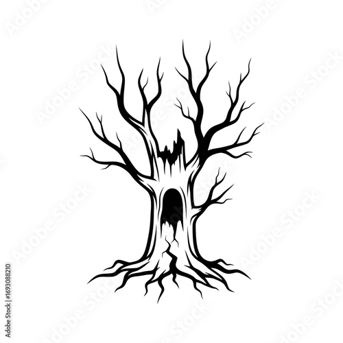 Vector art of silhouette of a haunted tree with a mysterious hollow trunk, evoking a sense of eerie enchantment